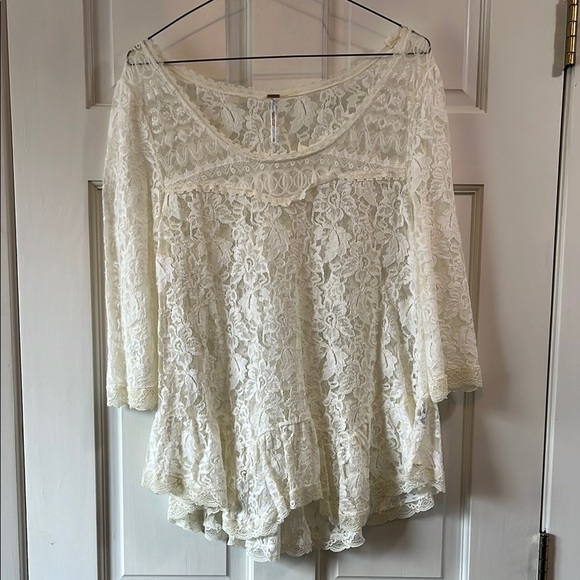 Free People Sheer Floral Lace Ruffled Blouse with Bell Sleeve - Size Small - Picture 1 of 16